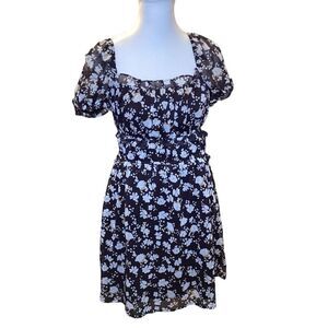 Elegant Floral Puff Sleeve Mini Dress - Navy Blue‎ & Light Blue Pattern